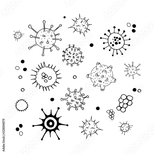 Virus and bacteria doodle set. Collection of simple hand drawn illustrations. Isolated on white. Vector