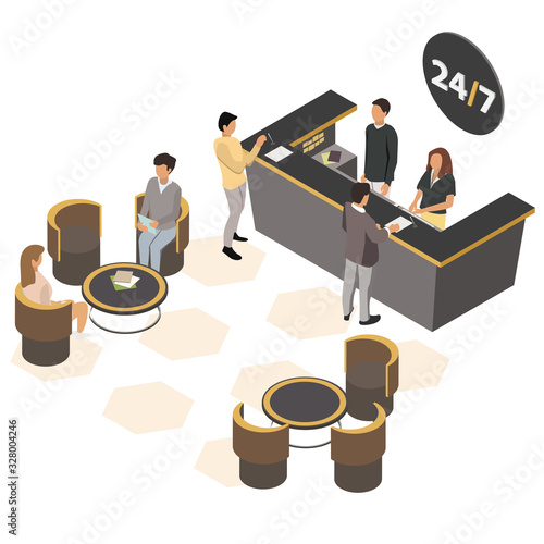 Customers at the reception. Receptionist at the counter welcoming. Reception service hotel desk. Customers are waiting in the armchairs at the coffee table. Isometric Vector illustration, 3d.