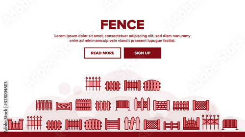 Fence Construction Landing Web Page Header Banner Template Vector. Wooden And Metallic, Brick And Stone Fence Different Material And Design Illustration