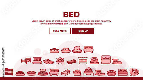 Bed Bedroom Furniture Landing Web Page Header Banner Template Vector. Stylish Modern With Lamp, Vintage, In Heart Form And Bunk Bed Illustration