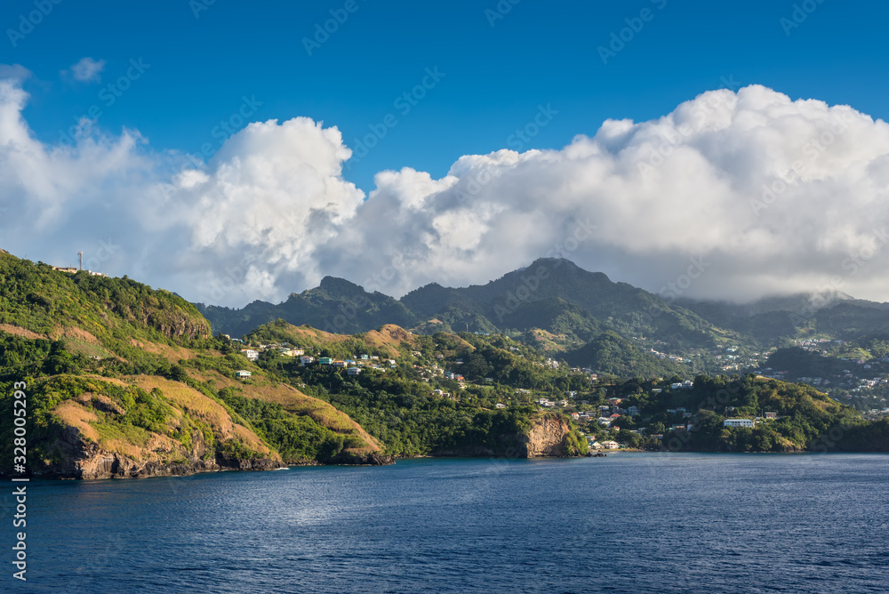 Landscape of the island of Saint Vincent - sea, mountainous coast and bay