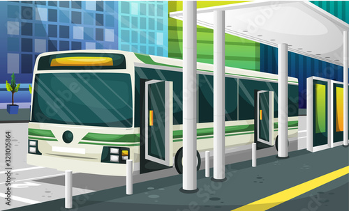 Halte Bus Station with Traffic Light, Recycle Trash, Banner Advertiser and Stop Traffic Sign for Vector Illustration Interior Design Ideas