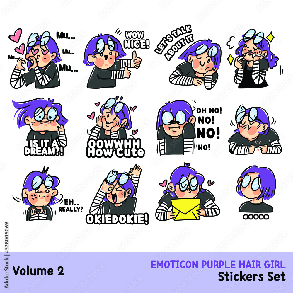 Expressive Purple Haired Girl Sticker Asset Set Vol. 2. Doodle Illustration Best for Messenger Chat App, Web Use