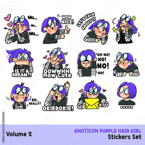 Expressive Purple Haired Girl Sticker Asset Set Vol. 2. Doodle Illustration Best for Messenger Chat App, Web Use