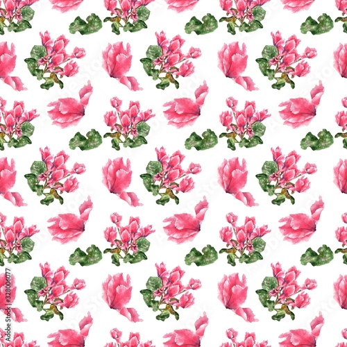 flower Cyclamen persian pink watercolor sketch seamless pattern. use for printing on fabric, paper, etc.