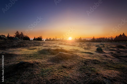 Backlit shot on a mountain with a view of the landscape, sunset, forest. beautiful landscape photo with a view