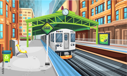Clean Train Station in the Old City Era with Vintage Retro High Building, Recycle Trash, Chairs and Big Clocks for Vector Illustration Interior Design Ideas