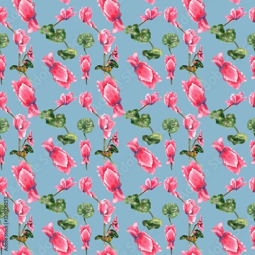 flower Cyclamen persian pink watercolor sketch seamless pattern. use for printing on fabric, paper, etc.