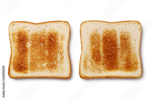 Tasty toasted bread pieces, isolated on white background