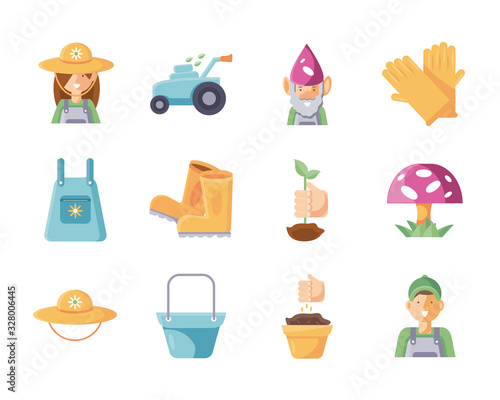 gardening ornaments and equipment icon set, flat detail style
