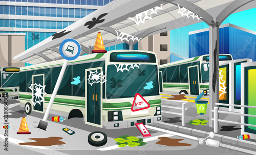 Dirty Bus Halte Station in the Modern City with High Building, Traffic Lights, Recycle Trash and Banner Advertiser for Vector Illustration Interior Design Ideas-01