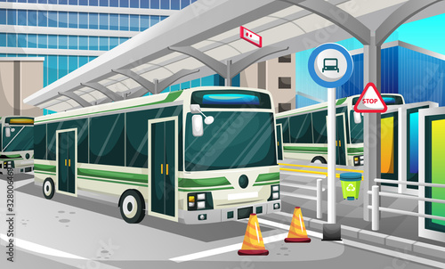 Bus Halte Station in the Modern City with High Building, Traffic Lights, Recycle Trash and Banner Advertiser for Vector Illustration Interior Design Ideas-01