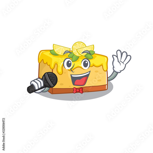 Happy lemon cheesecake singing on a microphone
