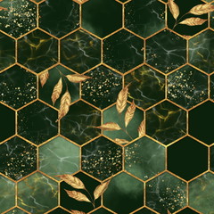Handdoek met foto Marmeren hexagons patronen Marmer hexagons met gouden bladgoud  © Gribanessa