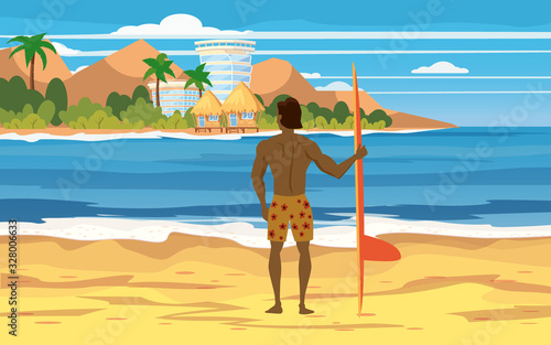 Surfer standing with surfboard on the tropical beach back view. Palms ocean surfung theme