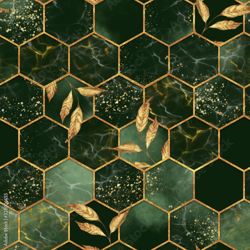 Marmeren zeshoek naadloze textuur met gouden bladeren. Abstracte achtergrond