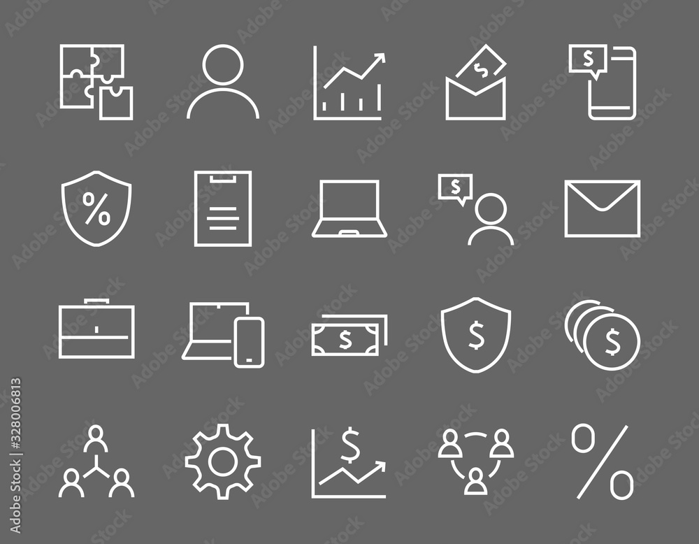 Set of business vector line icons. It contains user symbols, dollar pictograms, gears, briefcase, puzzles, Set of business vector line icons. It contains user symbols, dollar pictograms, gears, briefcase, puzzles,