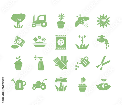 tractor and gardening icon set, silhouette style