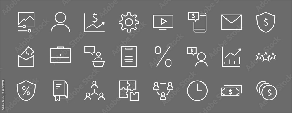 Set of business vector line icons. It contains user symbols, dollar pictograms, gears, briefcase, puzzles, Set of business vector line icons. It contains user symbols, dollar pictograms, gears, briefcase, puzzles,