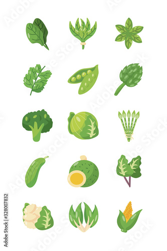 green healthy vegetables icon set, flat detail style