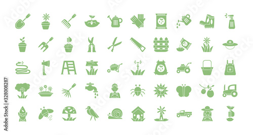 gardening equipment icon set, flat detail style