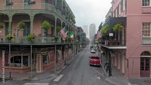 Aerial: Houses and streets in the French Quarter of New Orleans. USA. 24 June 2019