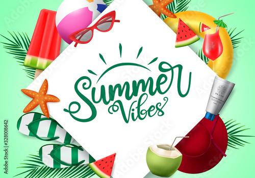Summer vibes vector banner template. Summer vibes text with beach element of sunglasses, watermelon, hat, beach ball, floater, popsicle, and sunscreen white white frame in green background.