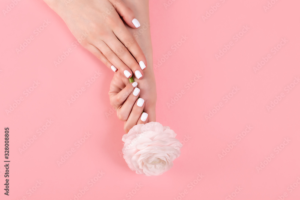 Hands of a beautiful woman on a colorful background. Delicate palm with natural manicure, clean skin. Light pink nails. - obrazy, fototapety, plakaty 