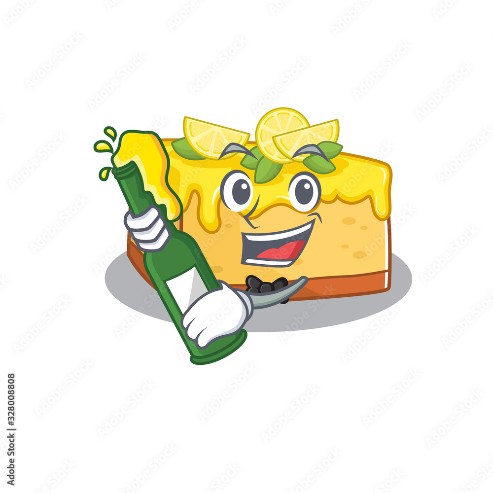mascot cartoon design of lemon cheesecake with bottle of beer