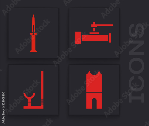 Set Wetsuit for scuba diving, Army knife, Industry metallic pipes and valve and Snorkel icon. Vector