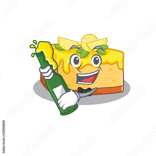 mascot cartoon design of lemon cheesecake with bottle of beer