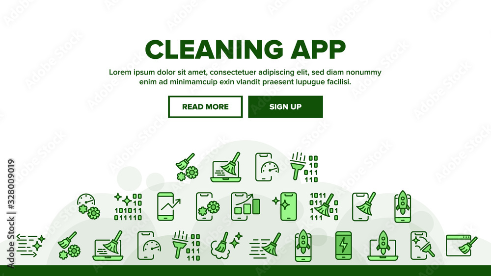 Cleaning Application Landing Web Page Header Banner Template Vector. Binary Code And Rocket On Screen, Mechanism Gear And Broom Cleaning App Illustration