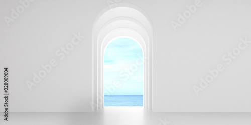 View of empty room in minimal style with arch design,curve details,The sun light cast shadow on the concrete floor on sea view background. 3d rendering. 