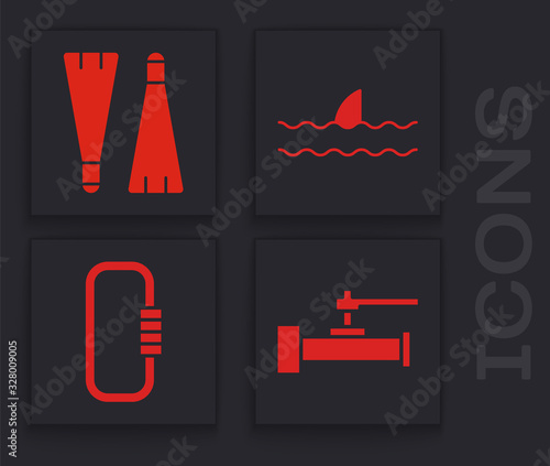 Set Industry metallic pipes and valve, Rubber flippers for swimming, Shark fin in ocean wave and Carabiner icon. Vector