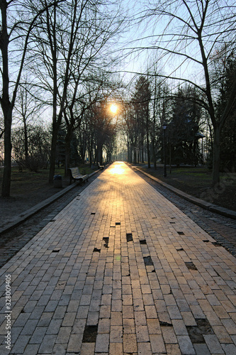 Sunrise in the park. Beautiful landscape view of Khreshchaty Park. the sun is reflected off the gray stone walkway. Spring morning in Kyiv, Ukraine
