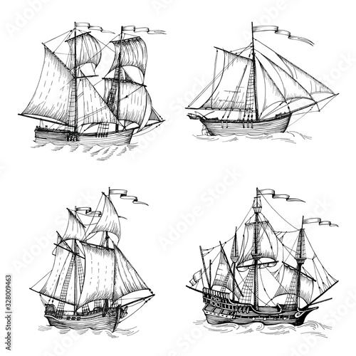 Old caravel, vintage sailboat. Hand drawn vector sketch.