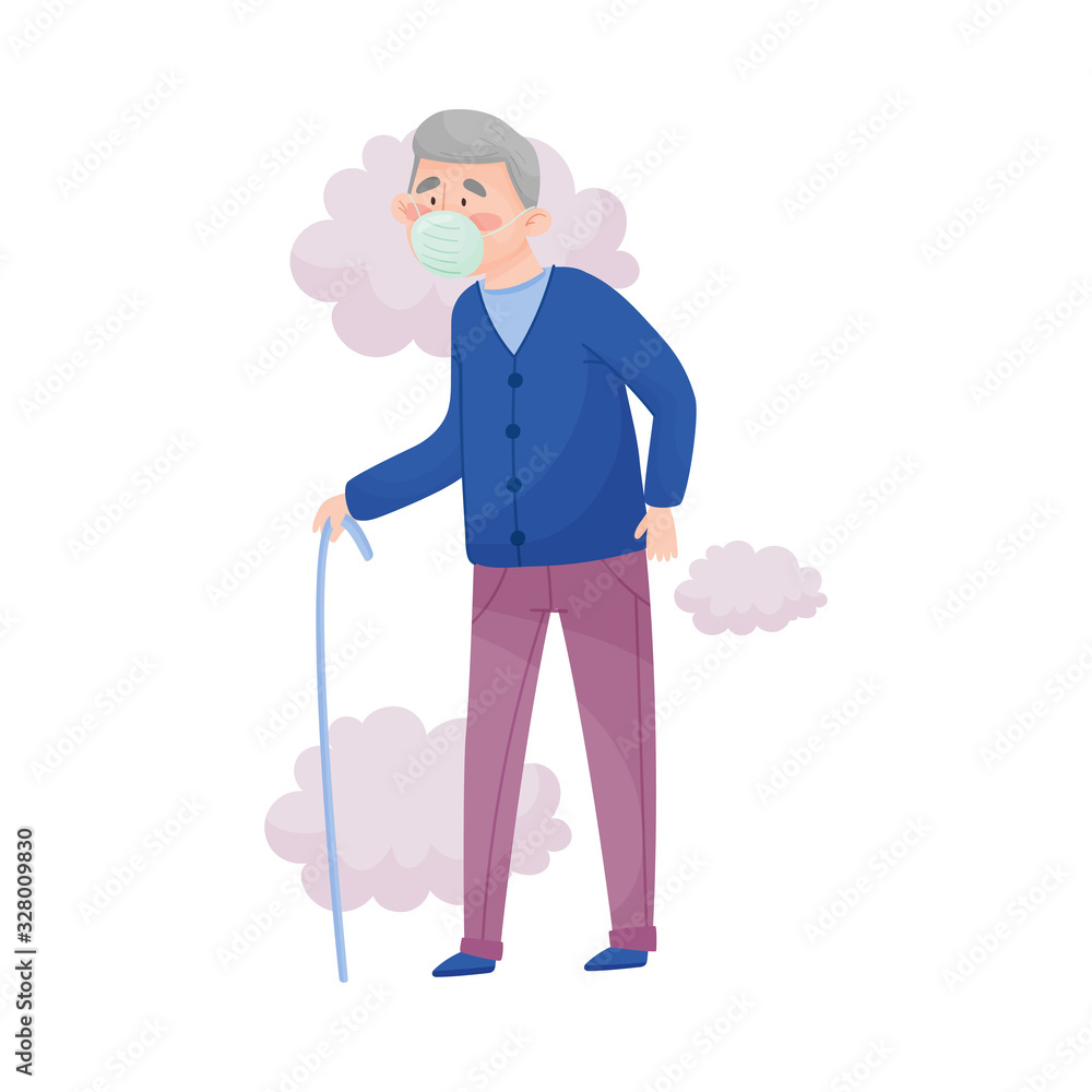 Senior Man Wearing Safety Mask Because of Bad Air and Dust Vector Illustration