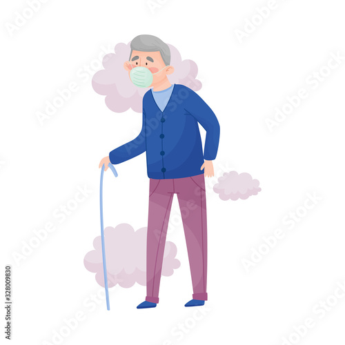 Senior Man Wearing Safety Mask Because of Bad Air and Dust Vector Illustration