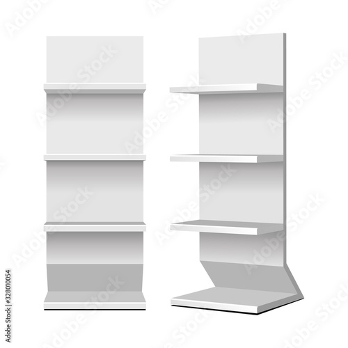Mockup Cardboard Retail Shelves Floor Display Rack For Supermarket Blank Empty. Mock Up. 3D On White Background Isolated. Ready For Your Design. Product Advertising. Vector EPS10