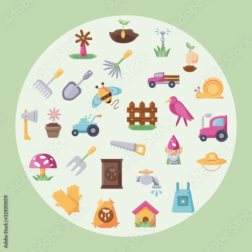 circle with colorful gardening icon set over green background, flat detail style