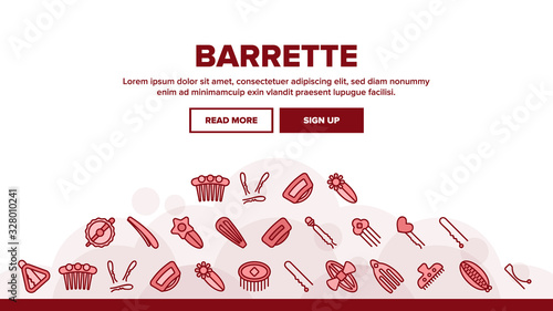 Barrette Accessory Landing Web Page Header Banner Template Vector. Barrette Pin Fashion Stylish Hair Tool With Flower, Star And Heart Detail, Clamp And Comb Illustration