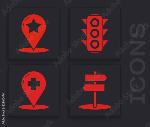 Set Road traffic sign, Map pointer with star, Traffic light and Medical map pointer with cross hospital icon. Vector