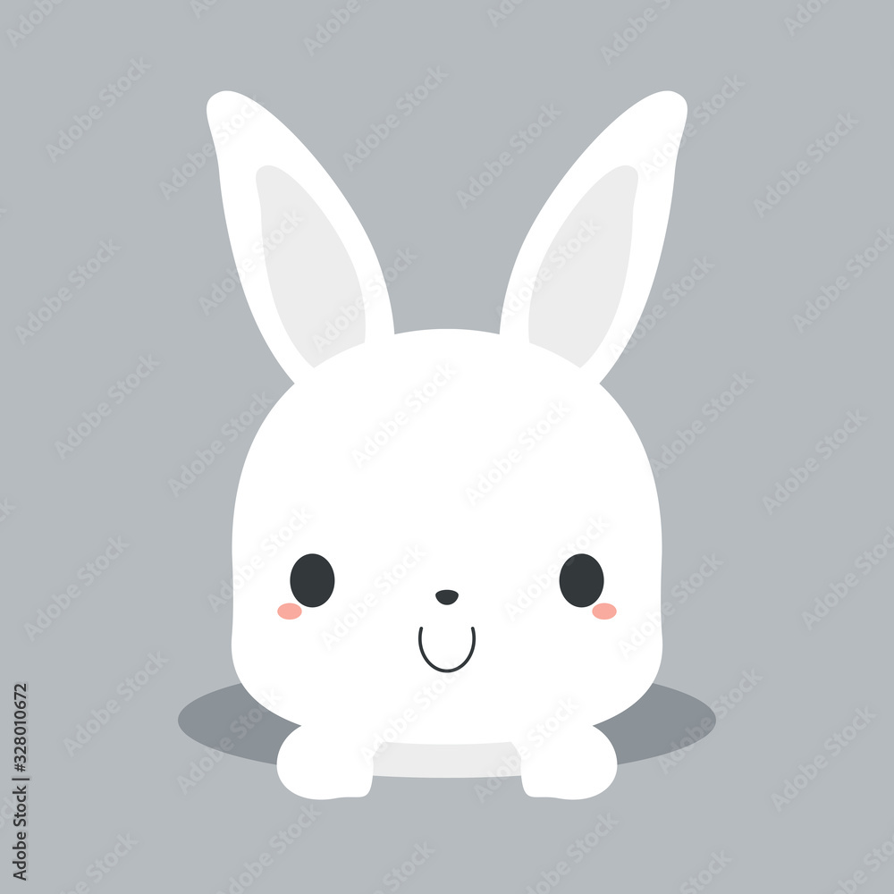 Obraz premium Cute white bunny rabbit appearing from hole. Flat vector illustration.