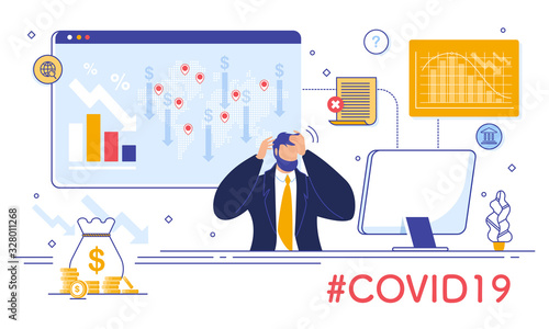 Economy Falling, Financial Crisis and Stock Price Drop Crash due to Coronavirus Outbreak. Businessman Trader in Despair Sitting at Table Front of Computer. Cash Loss Chart and Graph Arrow Downfall