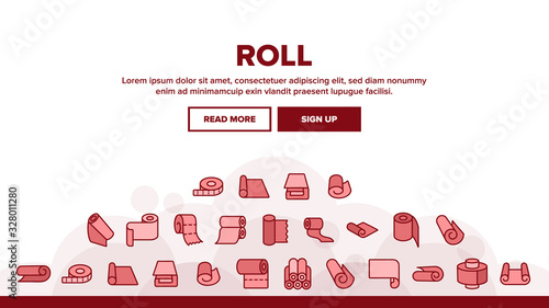 Roll And Reel Material Landing Web Page Header Banner Template Vector. Toilet Paper And Textile Roll, Towel And Carpet, Scroll Whatman And Document List Illustration