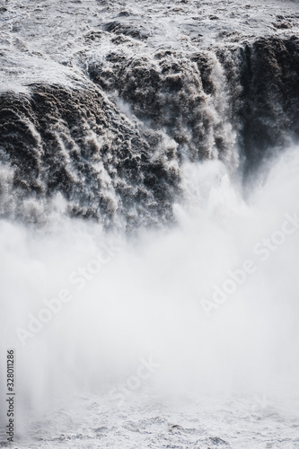 Close up of powerful waterfall at Iceland