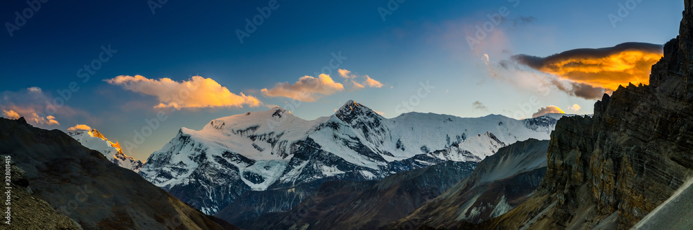 Panoramic view of the Mt. Gangapurna at sunset, view from Thorung High Camp.