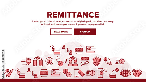 Remittance Finance Landing Web Page Header Banner Template Vector. International Electronic Remittance, Money Dollar Banknote And Coin, Bank Card And Shield Illustration