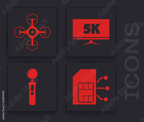 Set Sim card, Drone, Monitor display with 5k video and Gamepad icon. Vector