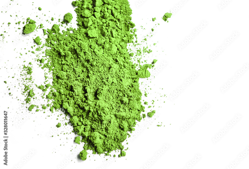 Green powder, matcha green tea  powder isolated on white background - obrazy, fototapety, plakaty 